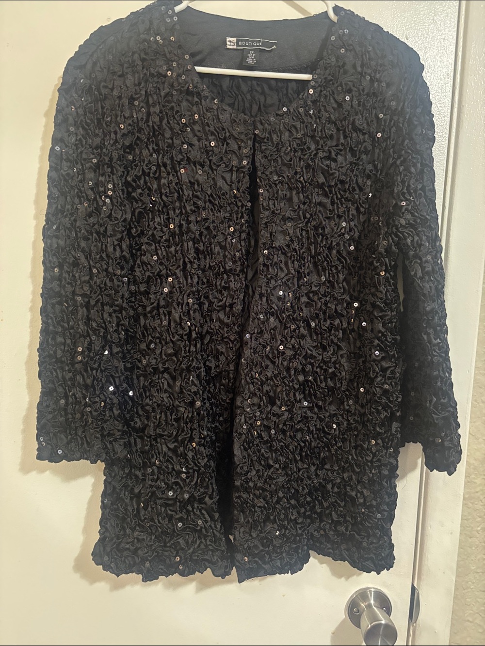 Black Sequin Textured Open-Front Women's blazer.
